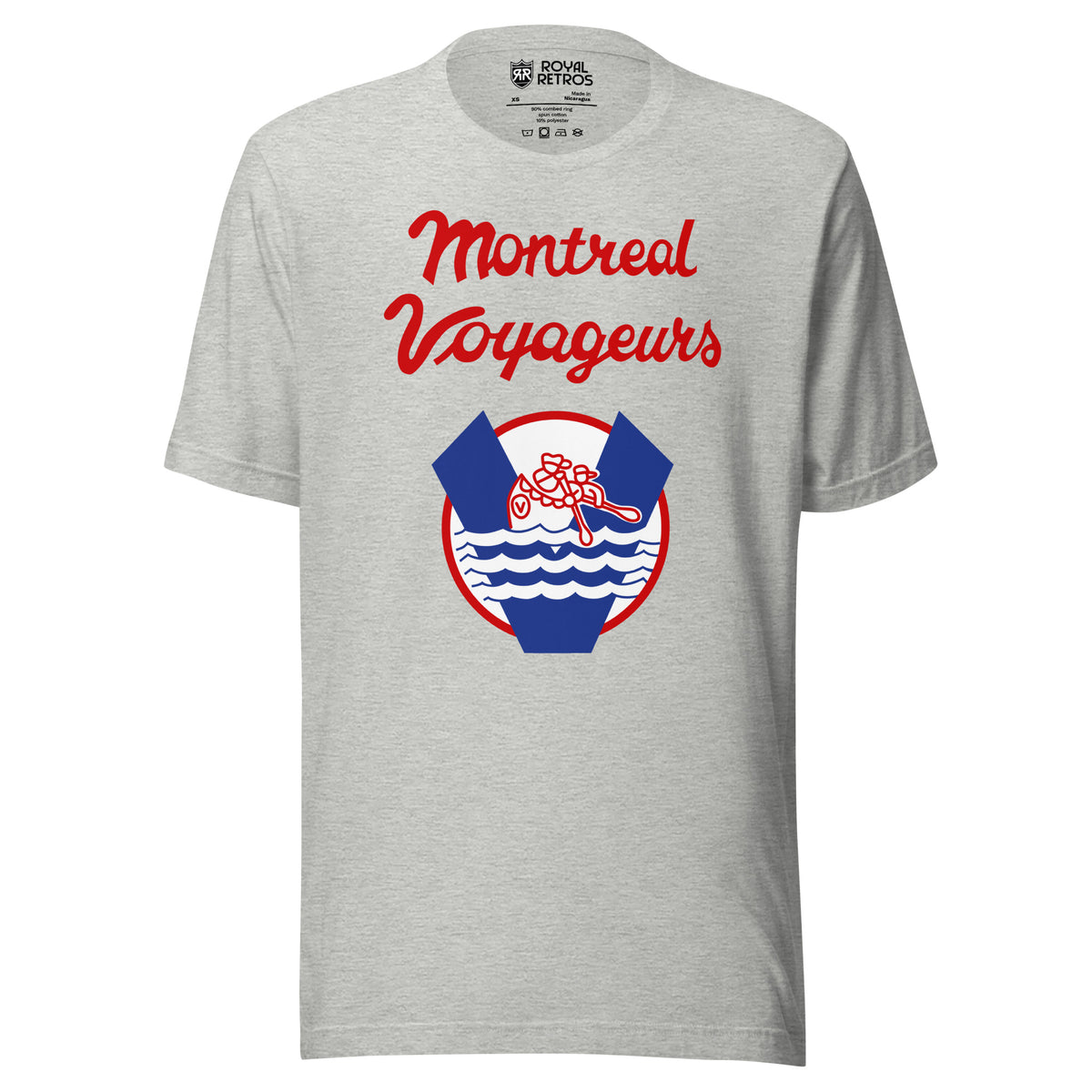 Montreal Voyageurs T-shirt. Athletic heather. Montreal Voyageurs script over a round crest with a V, canoe paddlers and waves. Royal Retros