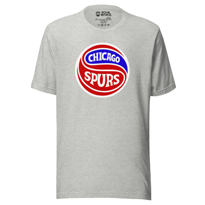 Chicago Spurs T-Shirt in athletic heather, front view, red and blue round crest with Chicago Spurs lettering Royal Retros