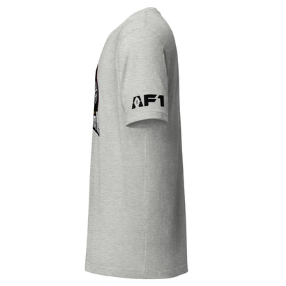 Michigan Arsenal Alternate T-shirt. Heather gray. Side view. AF1 logo on left sleeve shoulder. Royal Retros