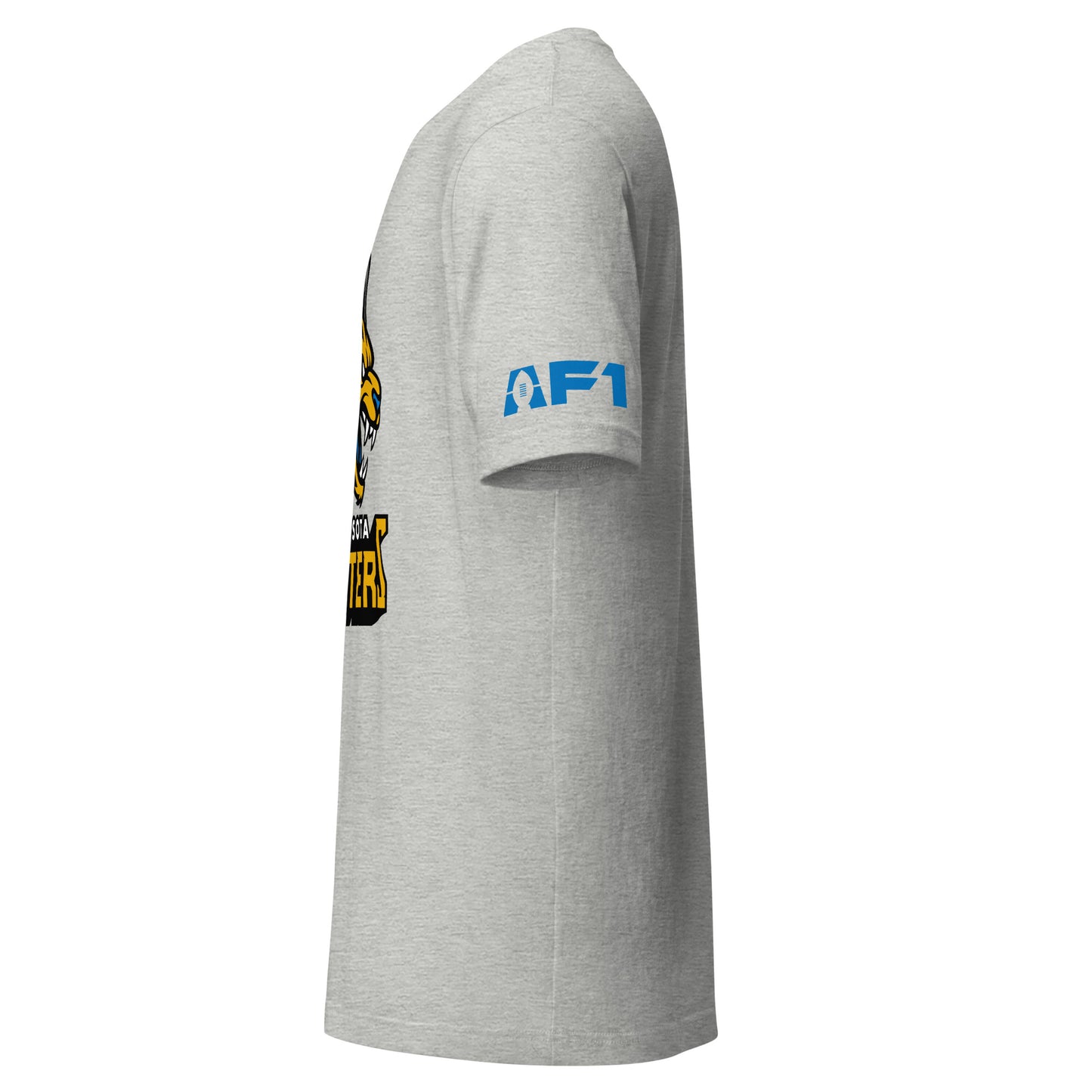 Minnesota Monsters AF1 arena football T-shirt. Gray. Sideview with AF1 logo on left sleeve. Royal Retros.