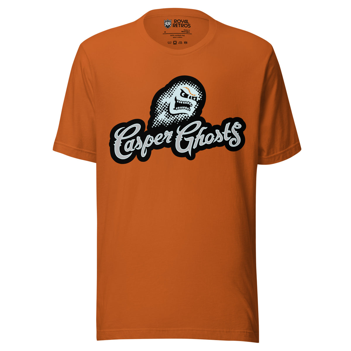 Casper Ghosts T-shirt in autumn burnt orange — ghost mascot above Casper Ghosts in white script