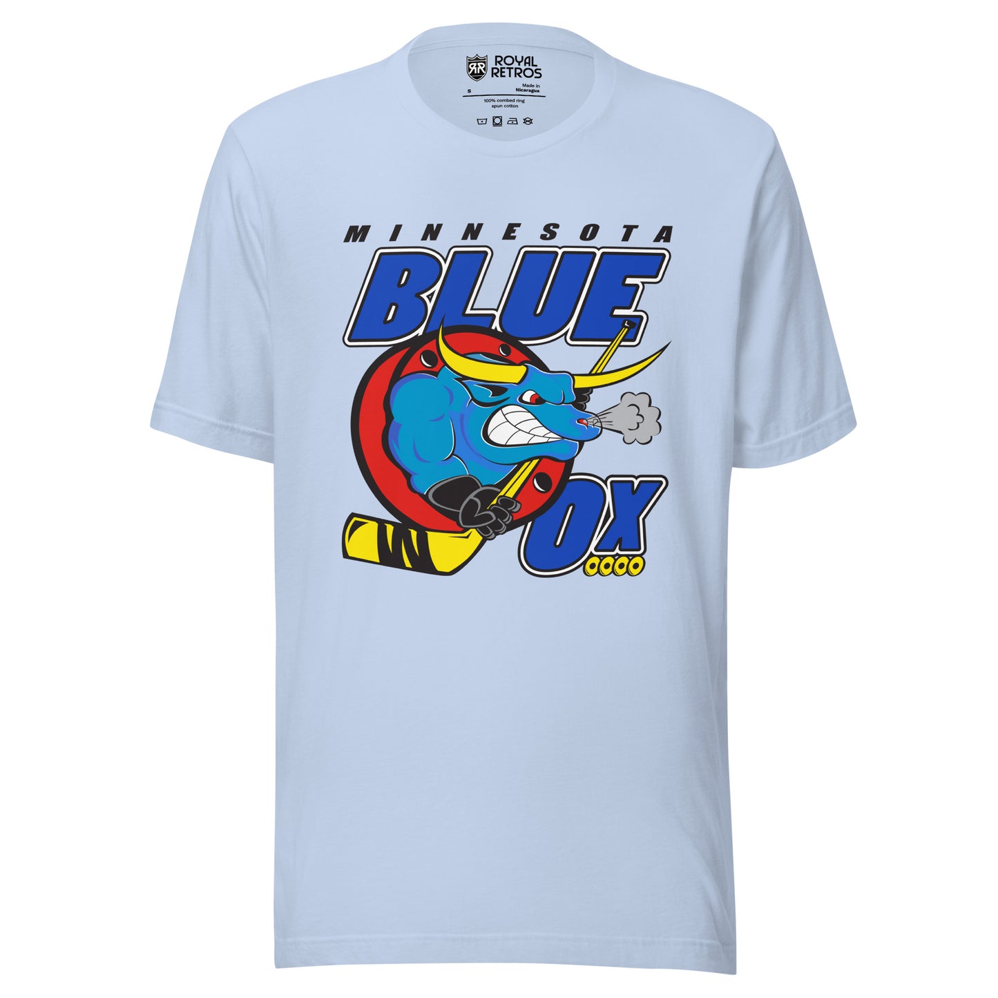 Minnesota Blue Ox roller hockey T-shirt. Light Blue. Minnesota in black above large BLUE. Blue Ox below with hockey stick. OX in blue to the right with four gold wheels underneath. Royal Retros