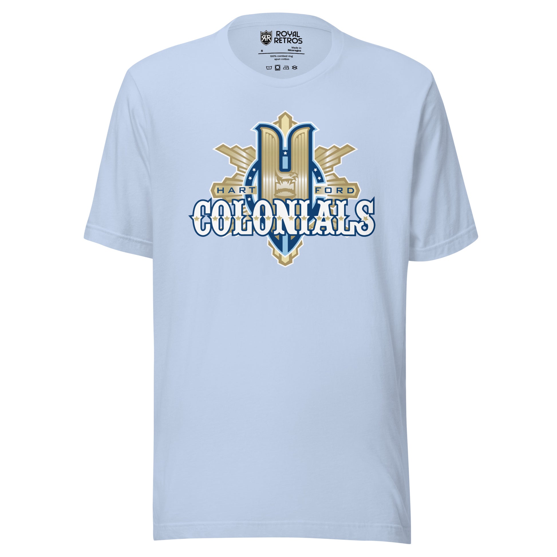 Hartford Colonials UFL-2009 T-shirt. Light Blue. Large gold H over gilded shield. Colonials in white with gold trim across shield. Royal Retros