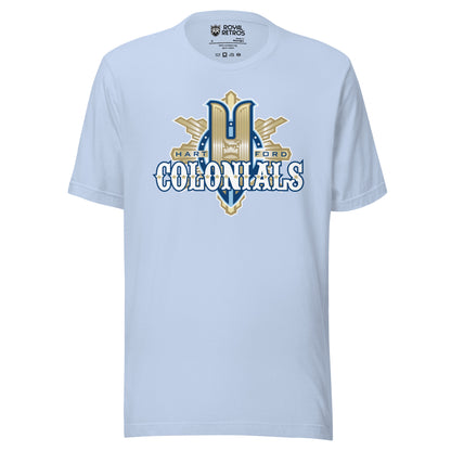 Hartford Colonials UFL-2009 T-shirt. Light Blue. Large gold H over gilded shield. Colonials in white with gold trim across shield. Royal Retros