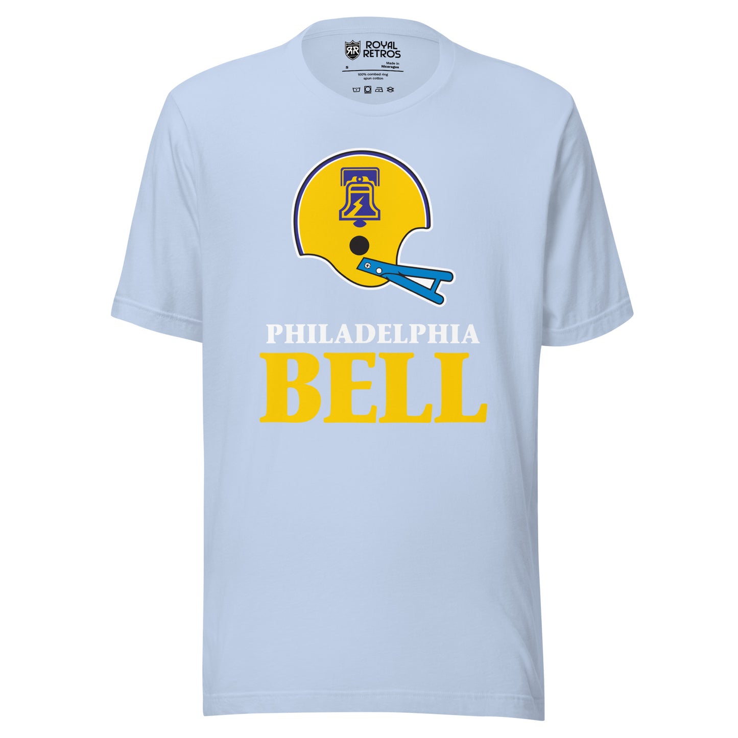 Philadelphia Bell World Football League WFL T-shirt. Light Blue. Yellow helmet with blue and white trim. Stylized image of Liberty Bell in blue in center of helmet. Blue faceguard. PHILADELPHIA white below, BELL large in yellow below. Royal Retros
