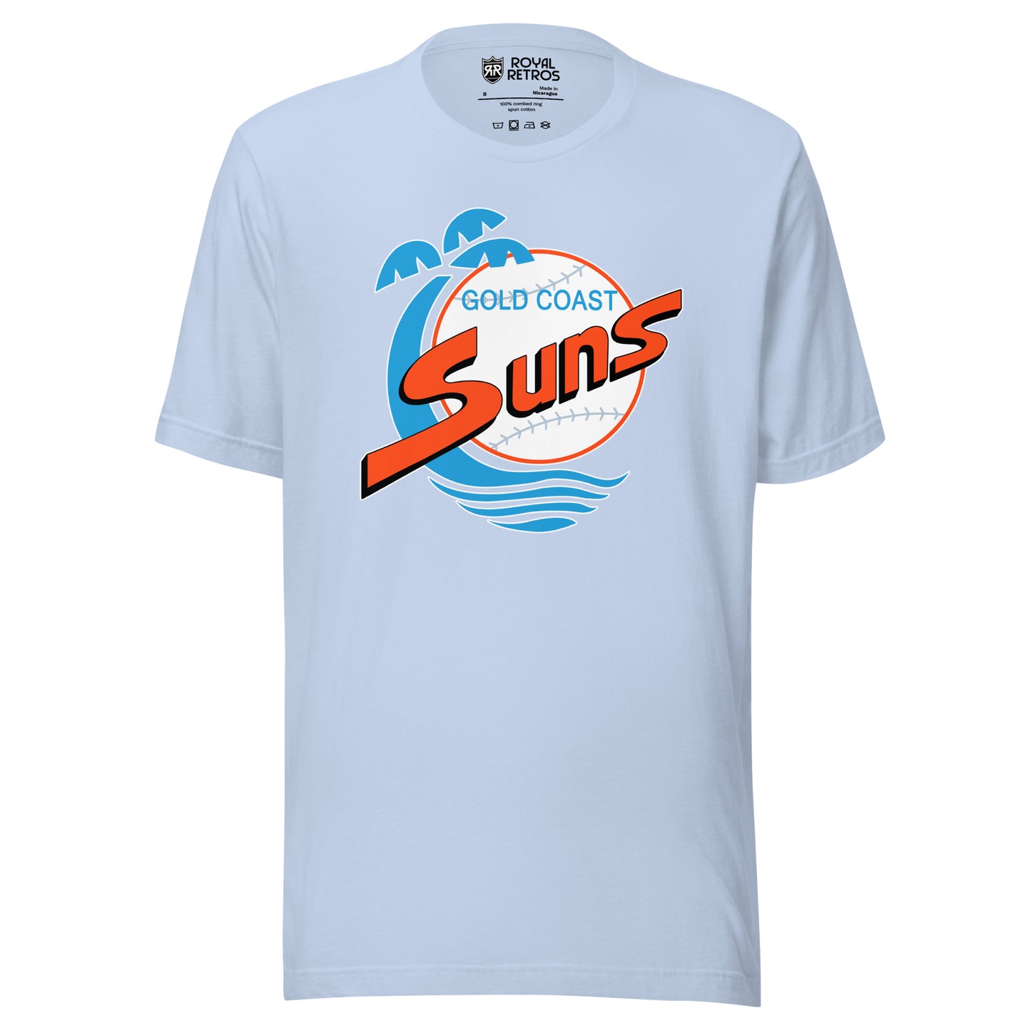 Gold Coast Suns baseball T-shirt. Light Blue. Stylized aqua palm tree curving to the right next to an orange circle with aqua baseball stitching. Gold Coast in aqua inside top of ball. Suns in orange, large across baseball. Royal Retros.