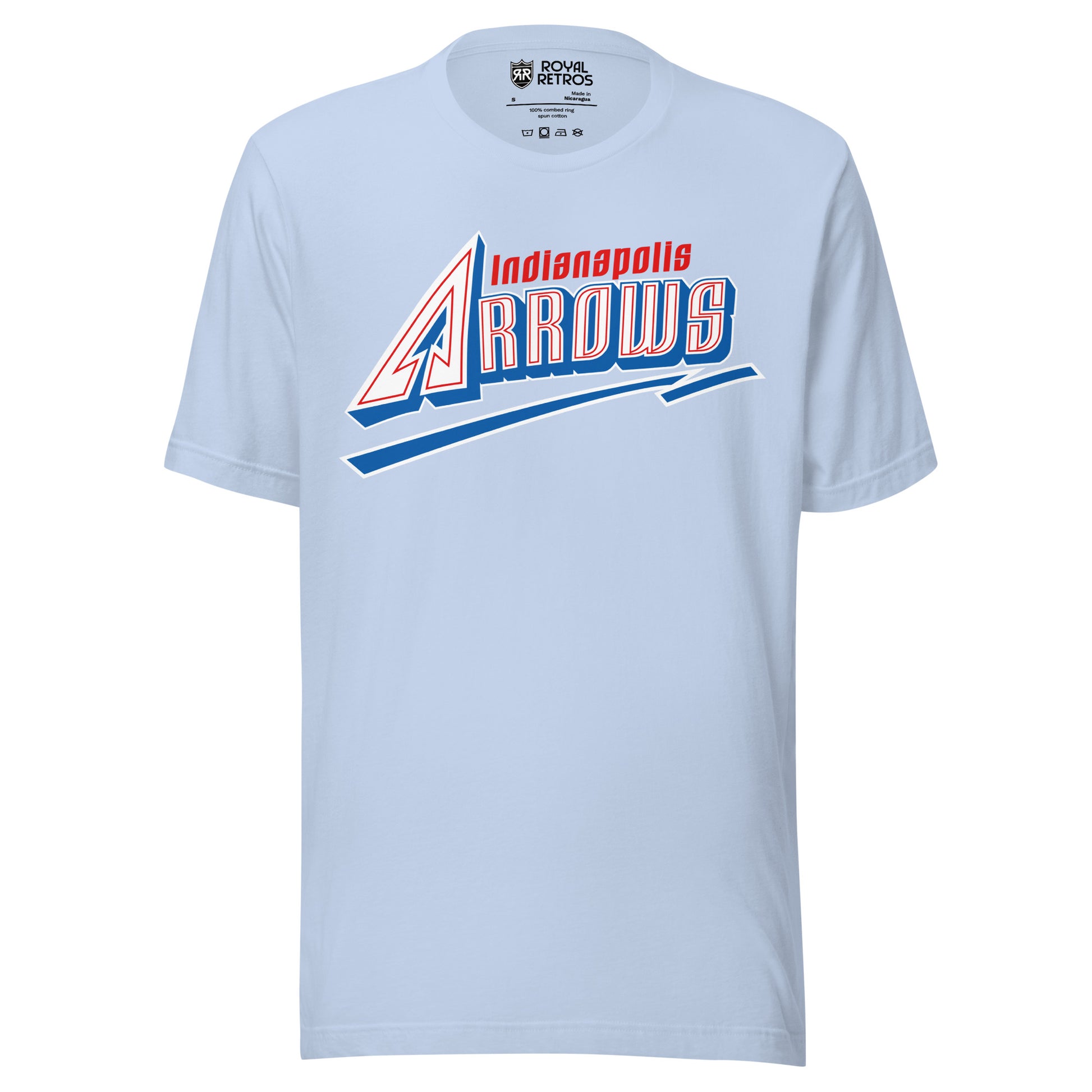 Indianapolis Arrows baseball T-shirt. Light Blue. ARROWS in white with red trim inside letters. Blue shadow under letters. Blue underline beneath with white trim. Royal Retros