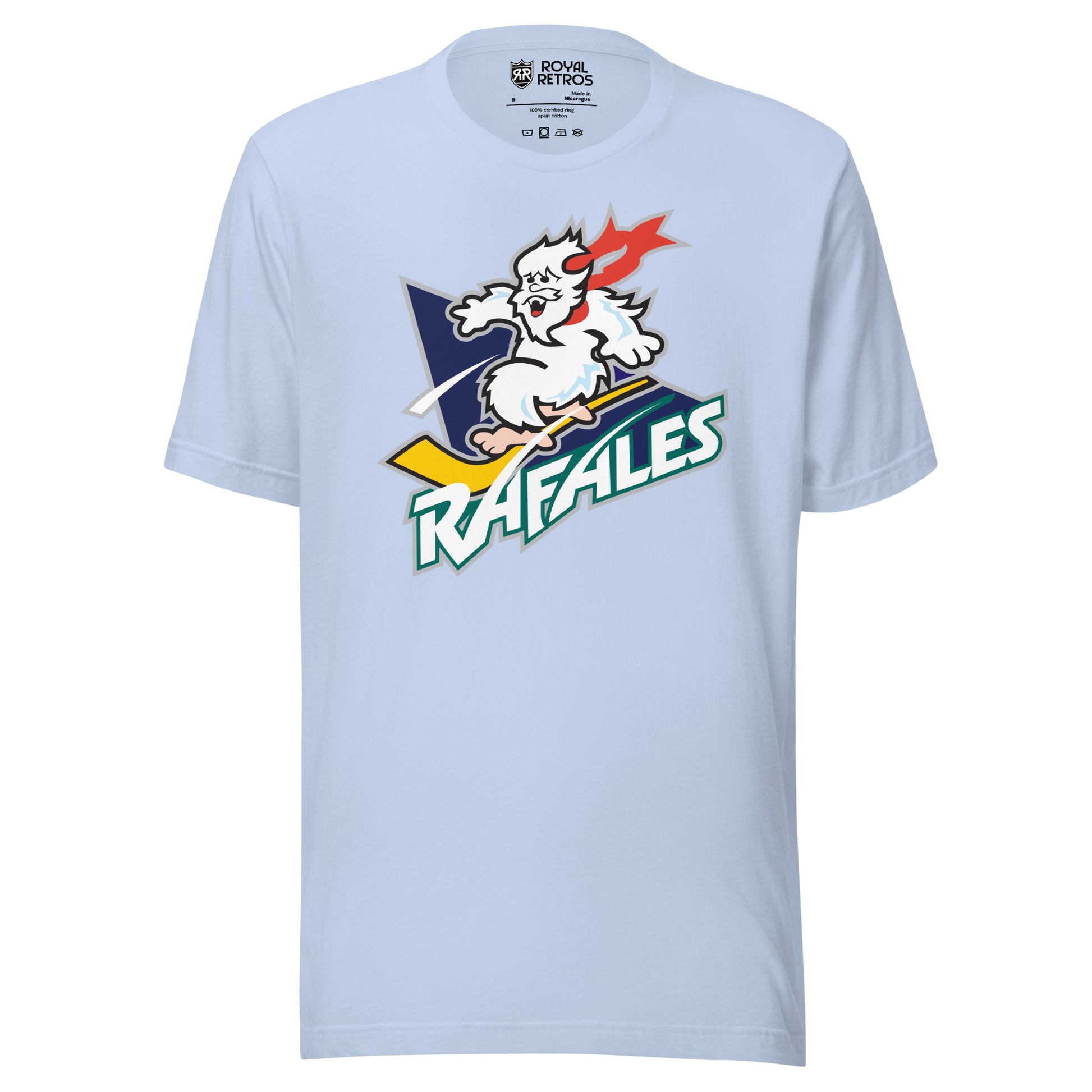 Quebec Rafales hockey T-shirt. Light Blue. White Yeti riding a yellow hockey stick over a purple triangle. RAFALES angled in white with blue trim below. Royal Retros.