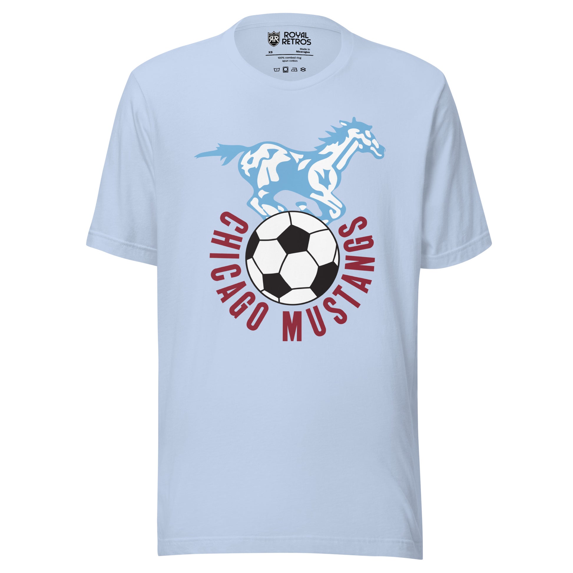 Baby blue t-shirt with a light blue illustrated galloping mustang above a soccer ball, 'Chicago Mustangs' arched in maroon letters