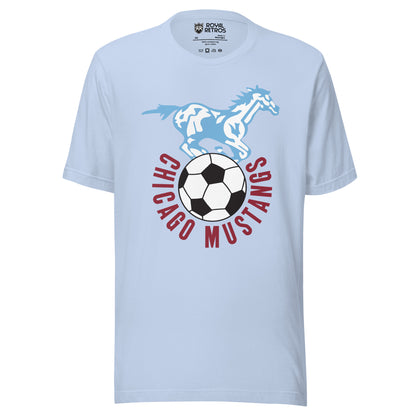 Baby blue t-shirt with a light blue illustrated galloping mustang above a soccer ball, 'Chicago Mustangs' arched in maroon letters