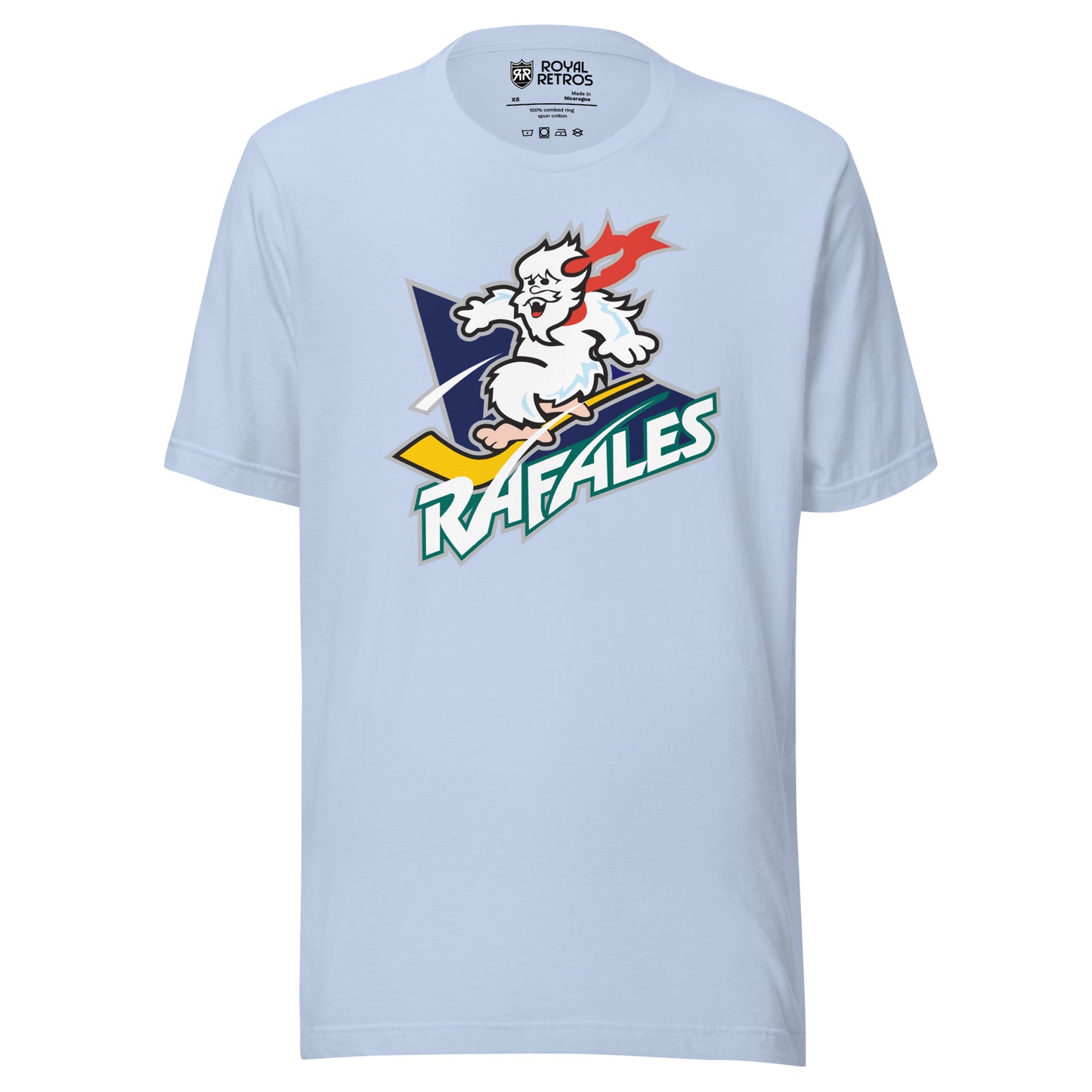 Quebec Rafales hockey T-shirt. Light Blue. White Yeti riding a yellow hockey stick over a purple triangle. RAFALES angled in white with blue trim below. Royal Retros.