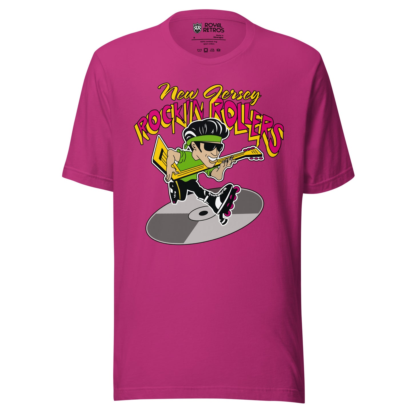 New Jersey Rockin Rollers roller hockey T-shirt berry. New Jersey in cursive, small gold, Rockin Rollers in bold, red, with gold trim large above rock & roll star with hockey stick as guitar, green T-shirt, headband, and sunglasses, rollerblading on a silver record below. Royal Retros
