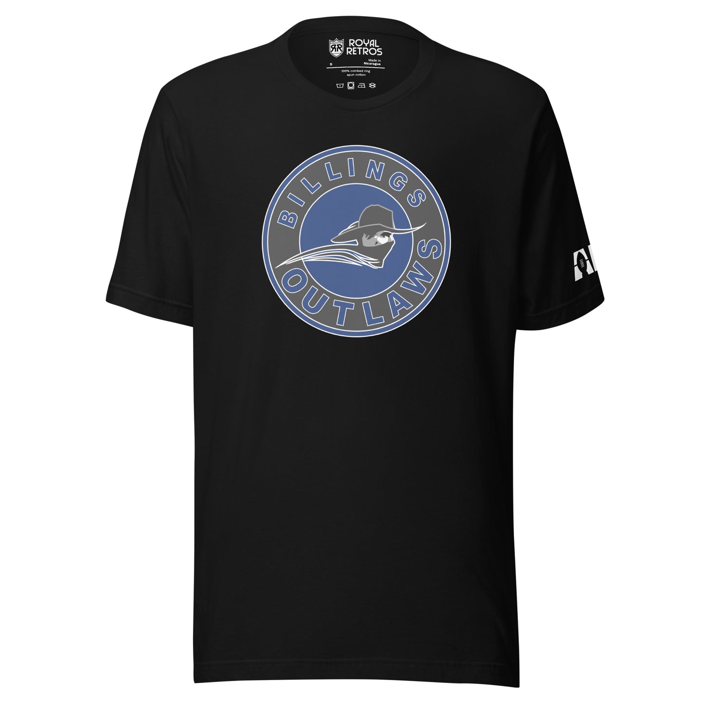 Billings Outlaws T-shirt. Black. Circle logo Gray outer circle, Billings in Blue above, Outlaws in blue below. Blue inner circle with masked cowboy, neck up, facing right. Royal Retros