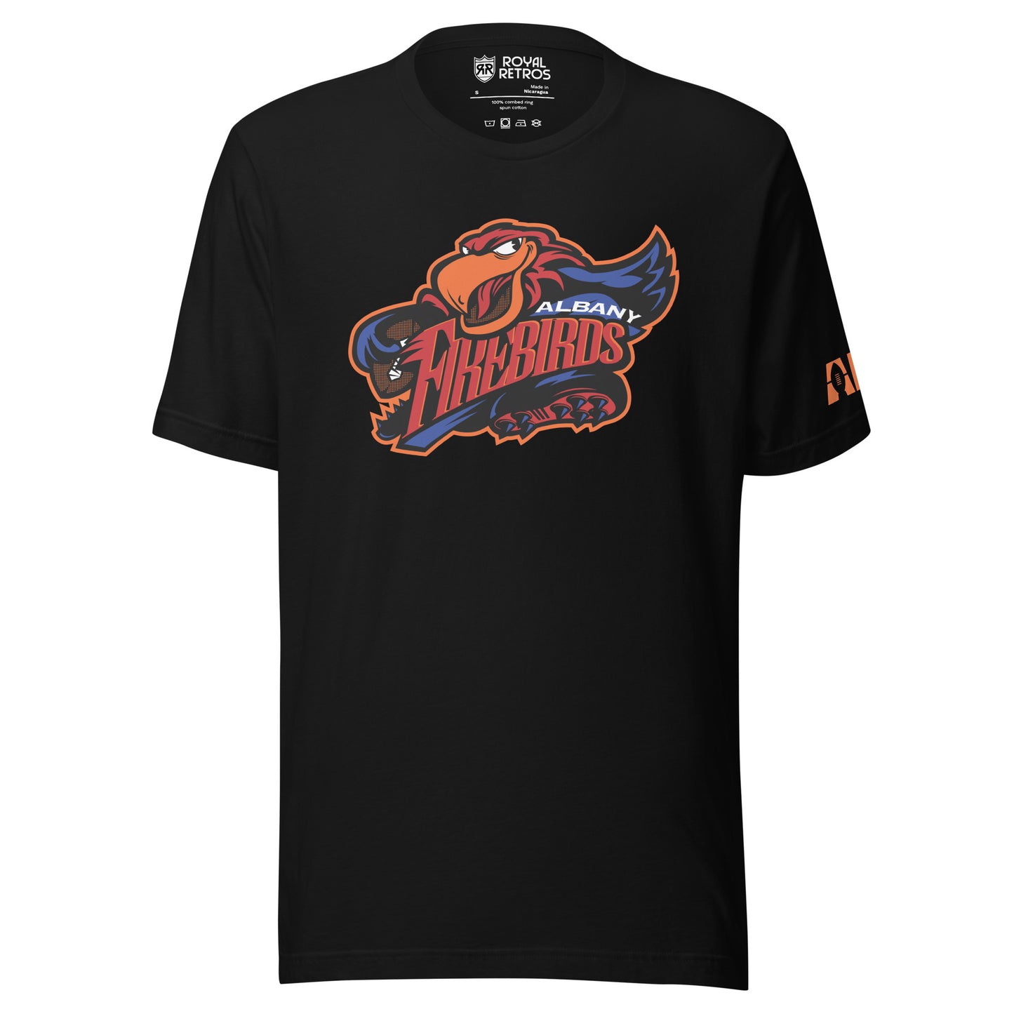 Albany Firebirds T-shirt. Black. Cartoon bird with Firebirds in red between open wings. Albany top right in white over Firebirds. Royal Retros