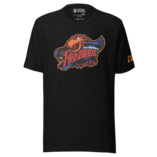 Albany Firebirds T-shirt. Black. Cartoon bird with Firebirds in red between open wings. Albany top right in white over Firebirds. Royal Retros