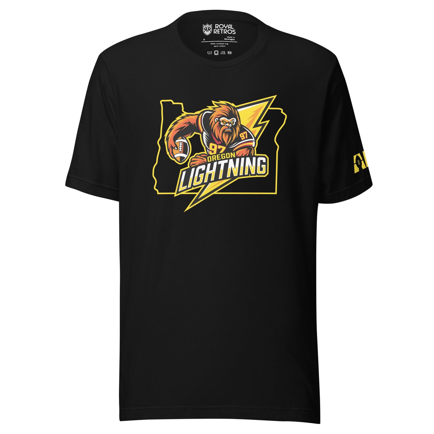 Oregon Lightning T-shirt. Black. Logo in center is outline of Oregon with Bigfoot in black jersey with gold numerals holding football over lightning bolt to right. Oregon in yellow, small, above Lightning large in white and gold. Royal Retros