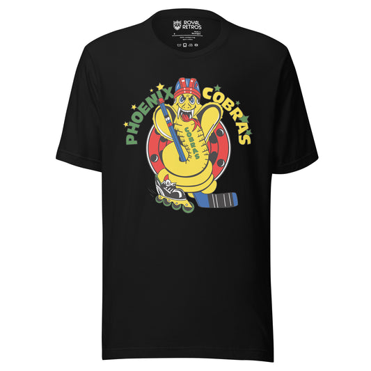 Phoenix Cobras roller hockey T-Shirt. Black. Phoenix in green arched on left, yellow Cobras arched on right. Yellow cobra between holding hockey stick and wearing a red and blue helmet and holding a blue hockey stick. Royal Retros
