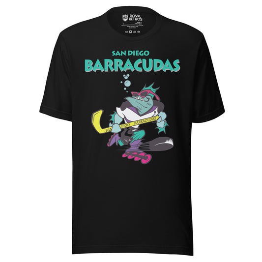 San Diego Barracudas roller hockey T-shirt. Black. San Diego in aqua small over Barracudas in aqua large below. Below text, cartoon barracuda inline skating with hockey stick. Bubbles coming out of its mouth. Royal Retros.
