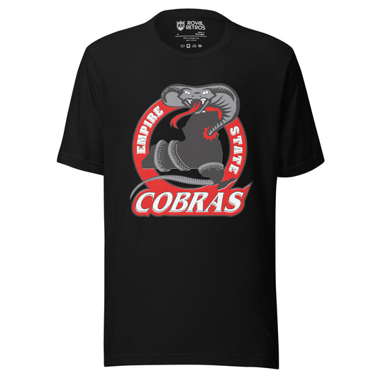 Empire State Cobras Roller Hockey T-Shirt. Black. Red Circle with Empire in white on left, State on right. Cobra wrapped around dark gray outline of New York State. Cobras in white with red outline below. Royal Retros