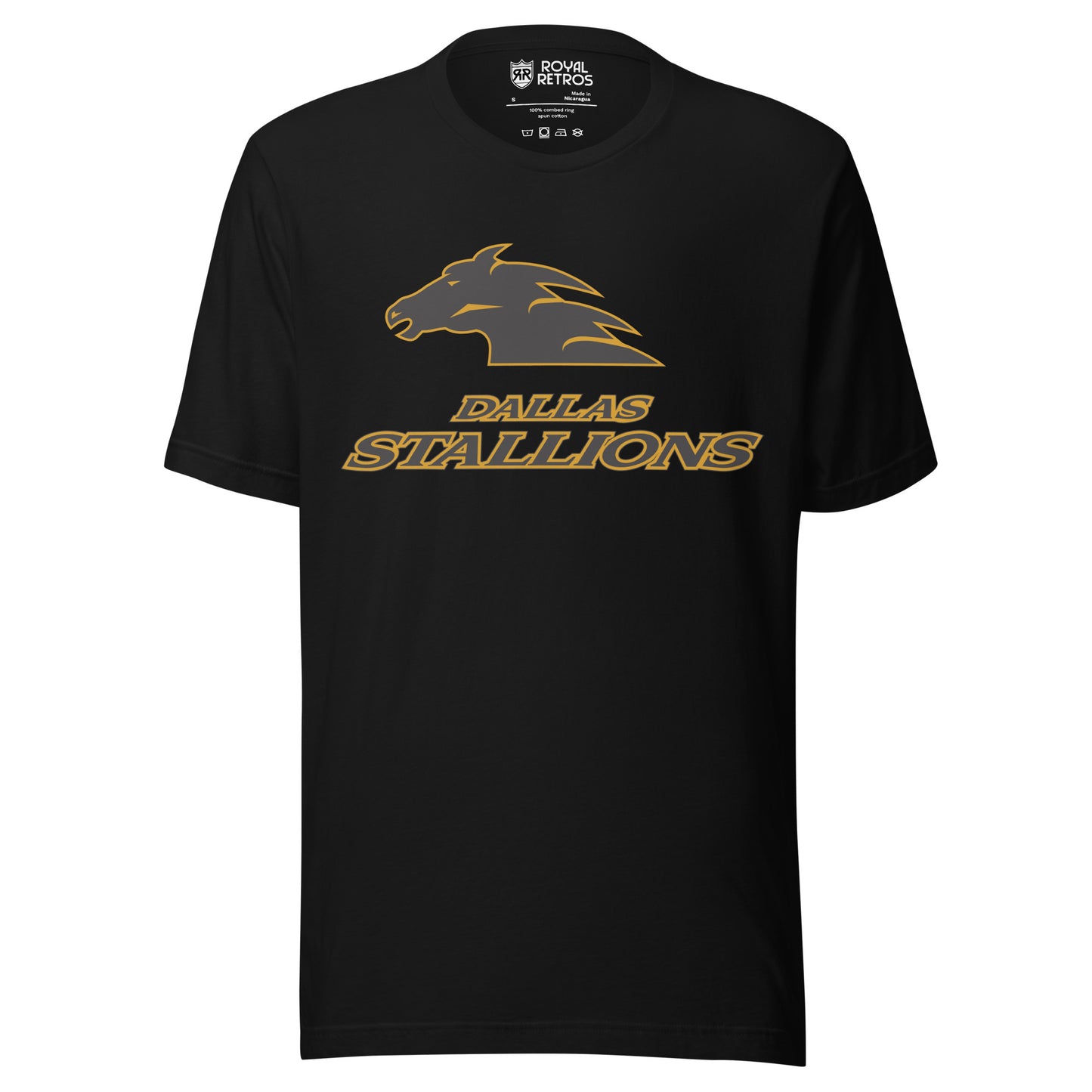 Dallas Stallions roller hockey T-Shirt. Black. Gray horse head facing left with gold trim. Dallas Stallions below in gray with gold trim. Royal Retros