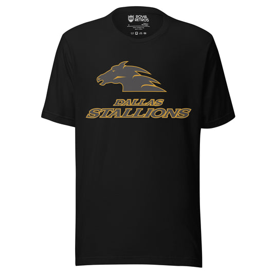 Dallas Stallions roller hockey T-Shirt. Black. Gray horse head facing left with gold trim. Dallas Stallions below in gray with gold trim. Royal Retros
