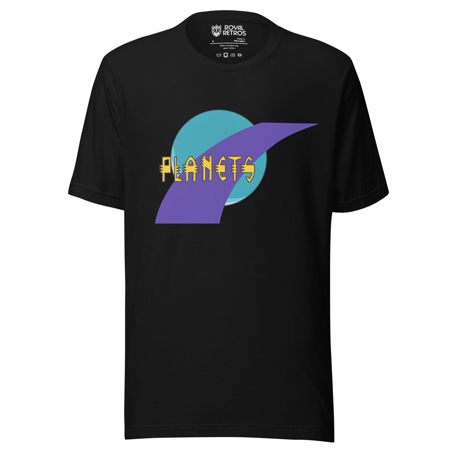 Toronto Planets roller hockey T-Shirt. Black. Blue planet with purple swoosh on top. Planets in yellow over logo. Royal Retros