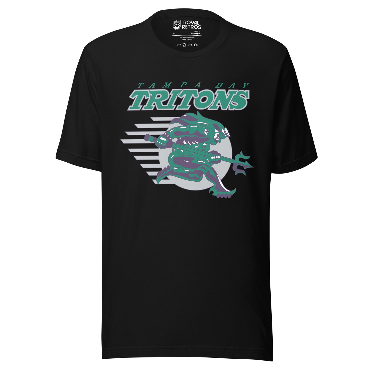 Tampa Bay Tritons roller hockey T-Shirt. Black. Tampa Bay in green above Tritons large in green with white outline. Purple and green sea monster over silver ball with streak marks. Monster is holding triton. Royal Retros.
