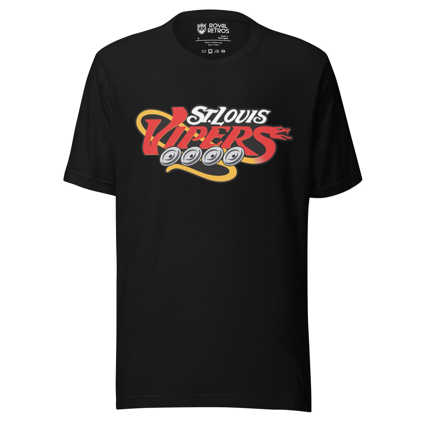 St. Louis Vipers roller hockey T-Shirt. Black. St. Louis in silver. Vipers, larger, below in red with four silver wheels underneath. Gold tail snaking off end of S in Vipers and curling around V. Royal Retros