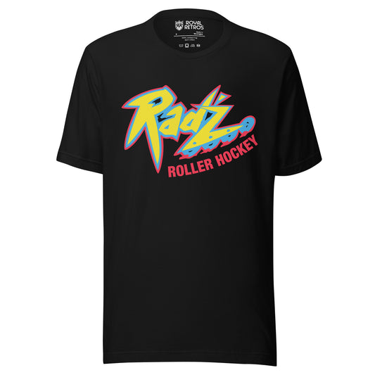 Calgary Rad'z Roller Hockey T-Shirt. Black. Stylized Rad'z in yellow with red and blue trim. Rollerblade wheels on bottom of Z. Roller Hockey in red below main logo. Royal Retros