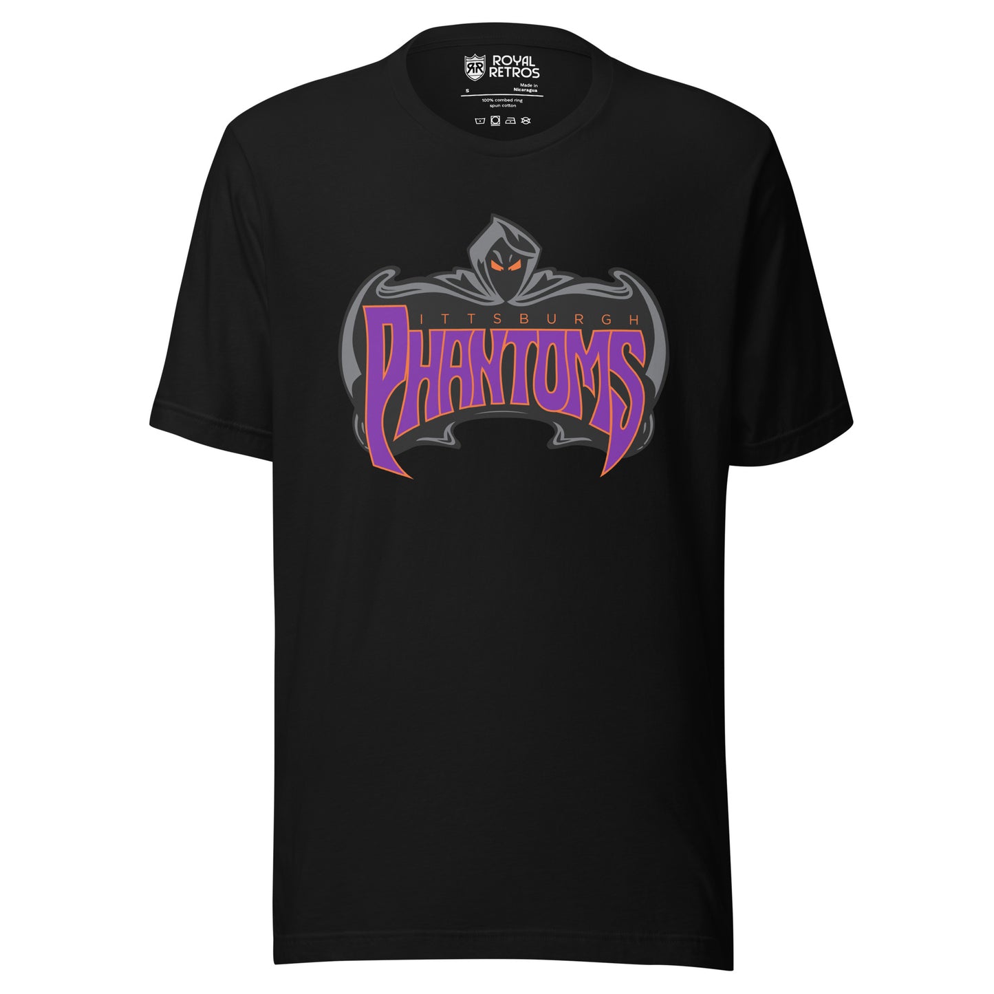 Pittsburgh Phantoms roller hockey T-Shirt black. Phantom with black face and yellow eyes with cape surrounding Phantoms in Purple. Royal Retros