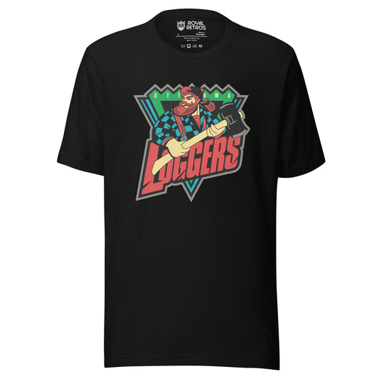 Ottawa Loggers roller hockey T-Shirt. Black. Upside down blue triangle, with jagged green top. Lumberjack chest up holding ax over triangle. OTT and AWA on either side of lumberjack's head on green jagged part. Loggers in red angled below lumberjack over bottom of triangle. Royal Retros.