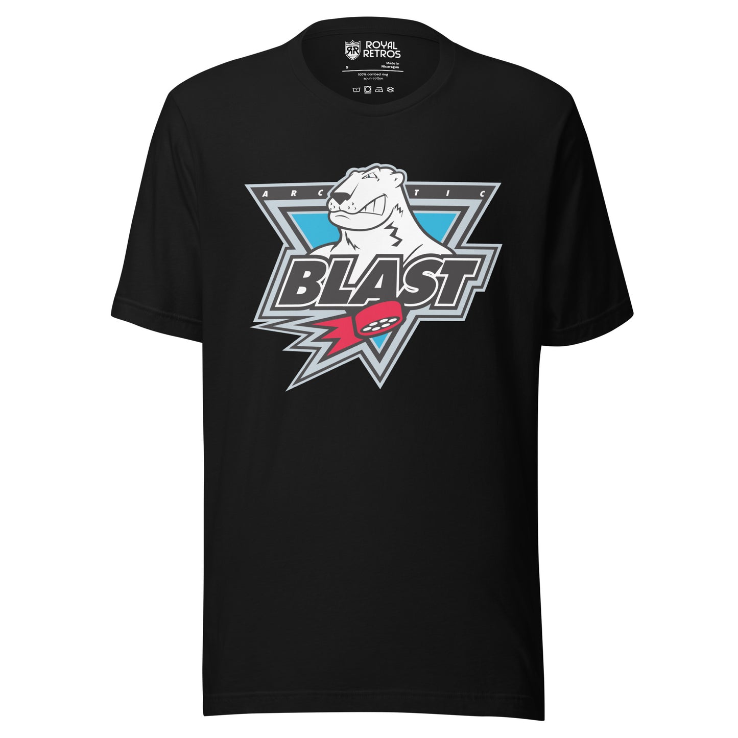 Minnesota Artic Blast roller hockey T-Shirt. Black. Upside down triangle with polar bear head sticking out. ARC and TIC on either side of head. Blast large in black with white trim below across bottom of triangle. Red puck with streaks below that. Royal Retros