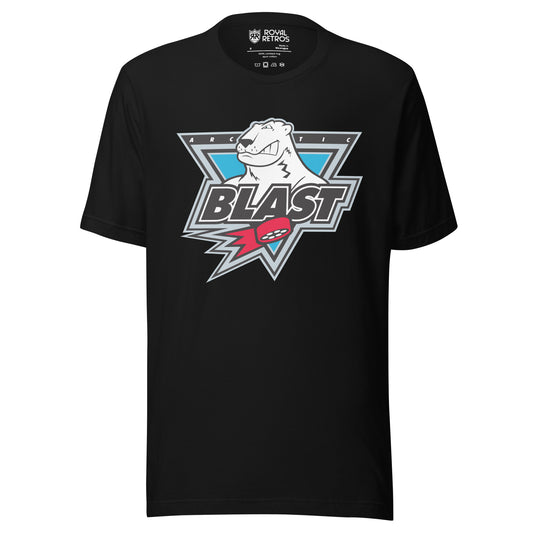 Minnesota Artic Blast roller hockey T-Shirt. Black. Upside down triangle with polar bear head sticking out. ARC and TIC on either side of head. Blast large in black with white trim below across bottom of triangle. Red puck with streaks below that. Royal Retros