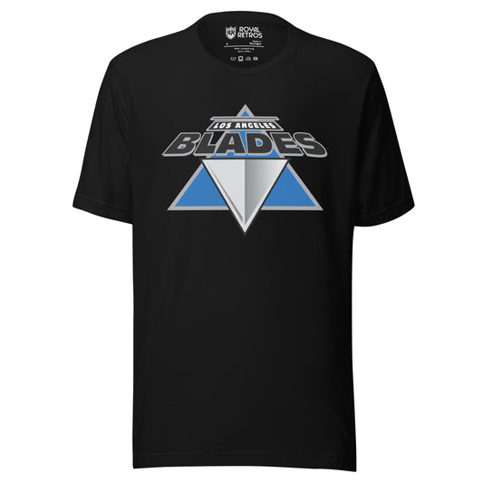 Los Angeles Blades roller hockey T-Shirt. Black. Blue triangle, with silver triangle in middle pointing down. Los Angeles in white, small above larger Blades in black. Royal Retros