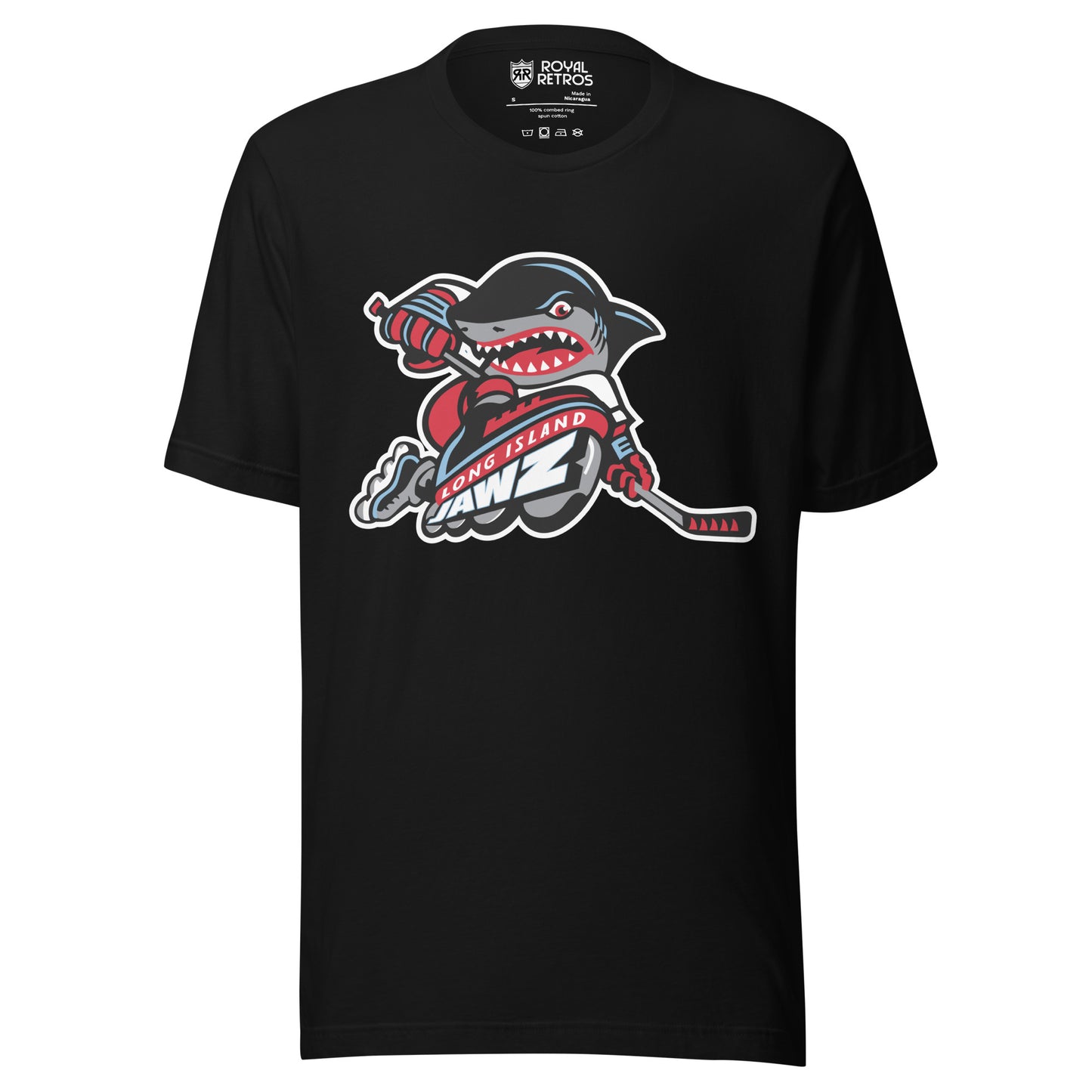 Long Island Jawz roller hockey T-Shirt. Black. Menacing cartoon shark rollerblading with hockey stick. Long Island in white on red banner below, with Jawz in white, larger, below that. Royal Retros