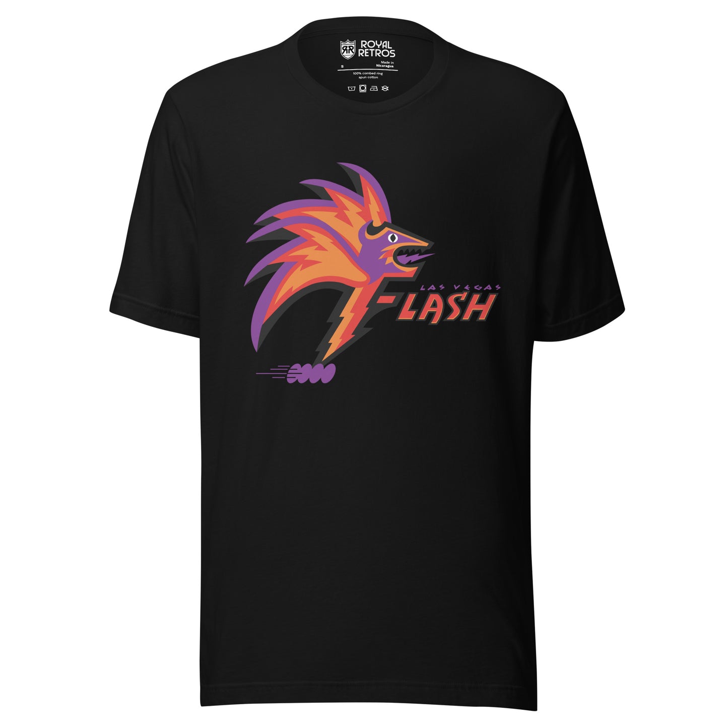 Las Vegas T-shirt black. Stylized bird head in profile. Purple face with red, orange, and purple feathers. Las Vegas in purple small over Flash in orange to right of bird head. Royal Retros