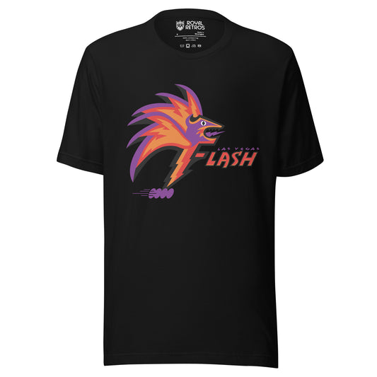 Las Vegas T-shirt black. Stylized bird head in profile. Purple face with red, orange, and purple feathers. Las Vegas in purple small over Flash in orange to right of bird head. Royal Retros