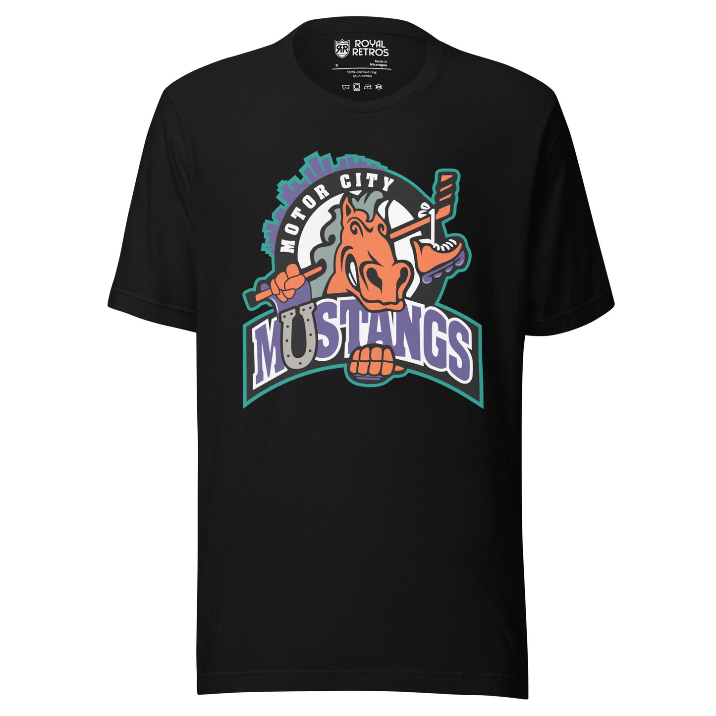 Detroit Motor City Mustangs. Black. Cartoon horse, head only, holding hockey stick behind its head. Motor City curved upper left, Mustangs in purple white outline with gray horseshoe for the "U" Royal Retros
