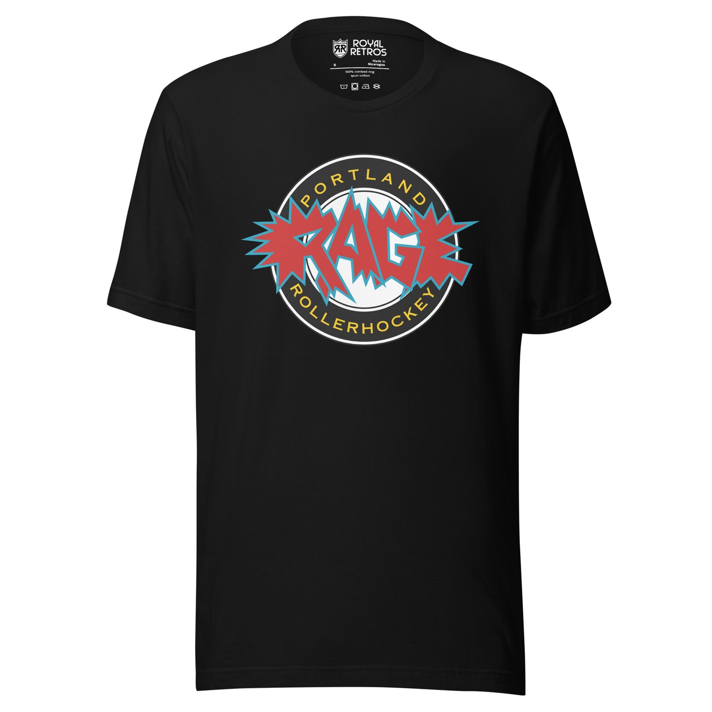 Portland Rage roller hockey T-Shirt black. Black circle, white inside. Portland in gold in top of circle, Rollerhockey below. Rage in red outlined in blue with bursts over circle. Royal Retros