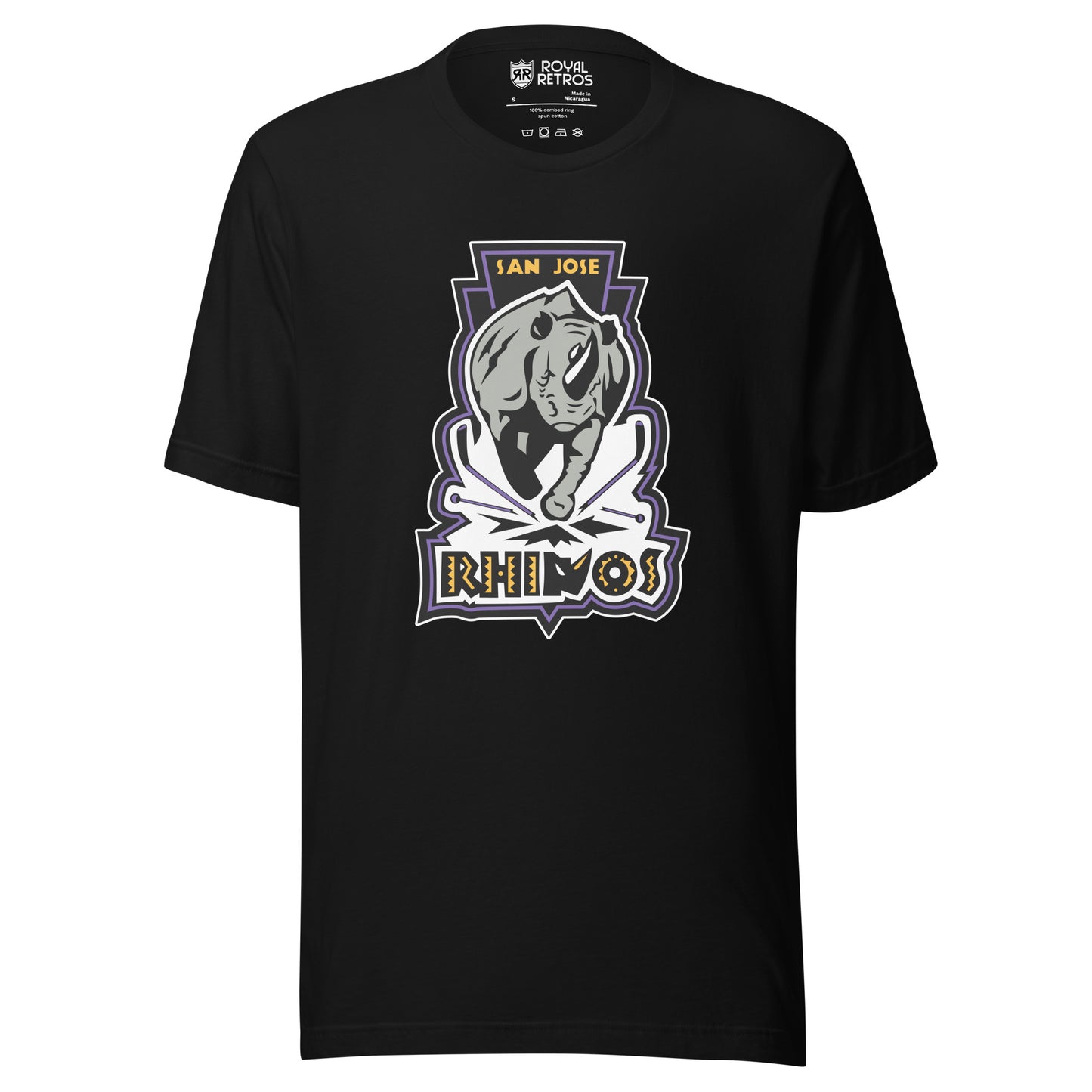 San Jose Rhinos Roller hockey T-Shirt. Black. Charging Rhino. San Jose in gold above. To hockey sticks crossed below legs. Rhinos in caps underneath. Royal Retros