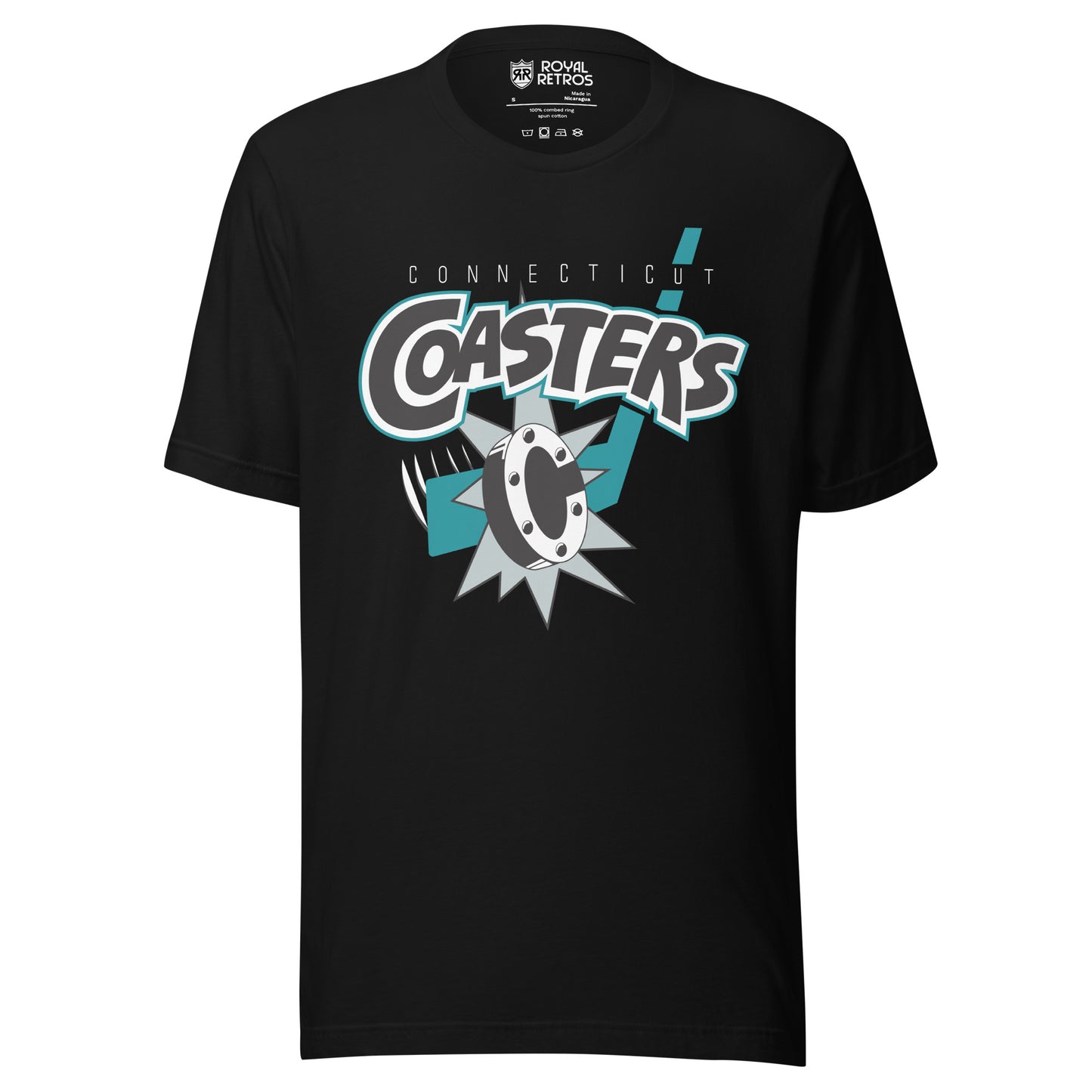 Connecticut Coasters roller hockey T-Shirt. Black. Connecticut in black small above large stylized Coasters in black with white trim. Roller blade wheel below over silver burst. Royal Retros