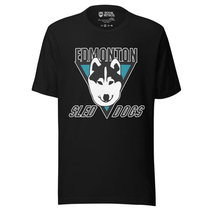 Edmonton Sled Dogs roller hockey T-Shirt. Black. Black upside-down triangle. Husky face over top. Edmonton in black above triangle. Sled and Dogs on either side of bottom of triangle. Royal Retros