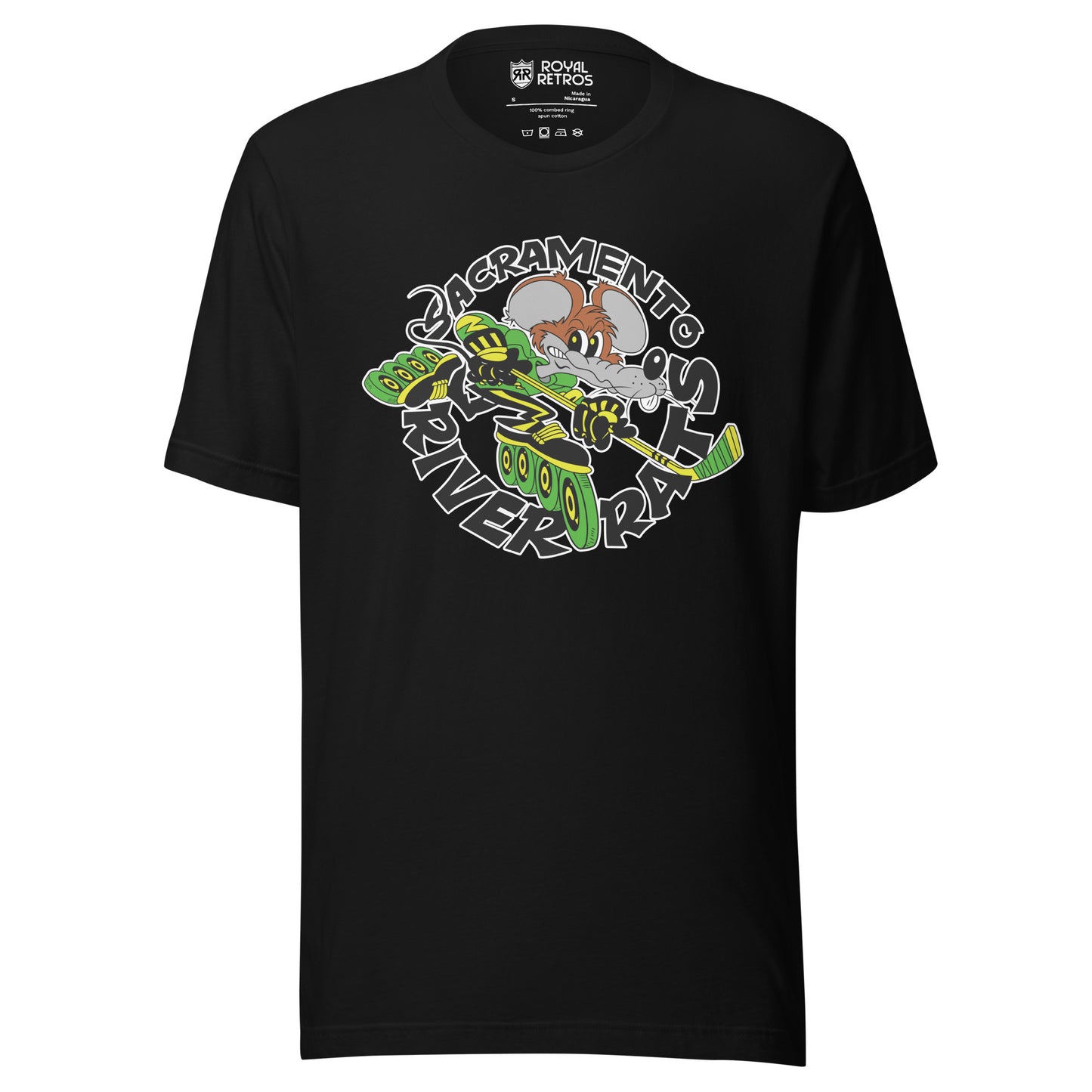 Sacramento River Rates Roller Hockey T-shirt. Black. Sacramento in black arched over rat, incline skating with hockey stick, going to the right. River Rats in black, arched up below. Royal Retros 