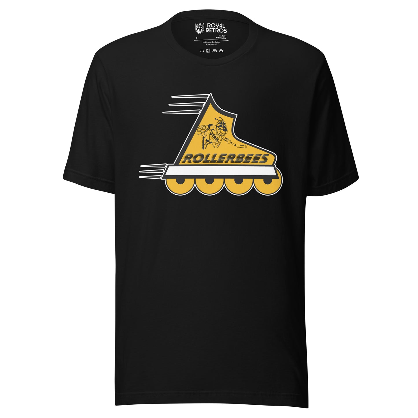 Utah Rollerbees roller hockey T-shirt. Black. Yellow inline skate facing right. Rollerbees n black above wheels. Animated bee playing roller hockey on ankle. Royal Retros