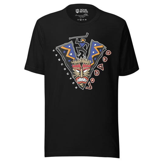 Vancouver Voodoo roller hockey T-shirt. Black. V-shaped voodoo mask. Stick-like figure holding hockey stick in gap of V. Vancouver in white down left side, Voodoo in red with white trim going up right side. Royal Retros