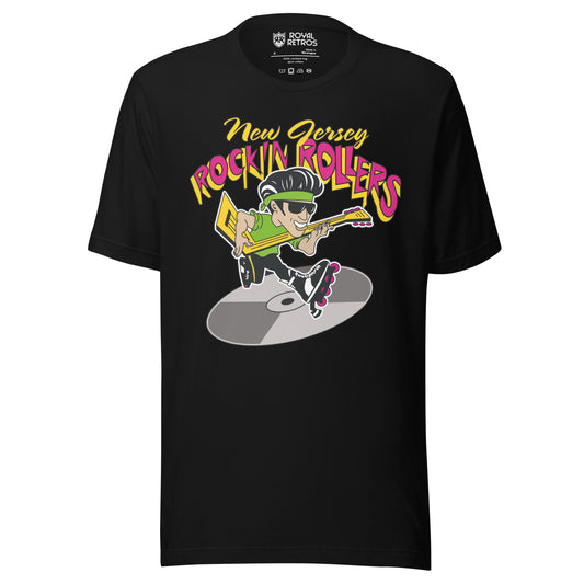 New Jersey Rockin Rollers roller hockey T-shirt black. New Jersey in cursive, small gold, Rockin Rollers in bold, red, with gold trim large above rock & roll star with hockey stick as guitar, green T-shirt, headband, and sunglasses, rollerblading on a silver record below. Royal Retros