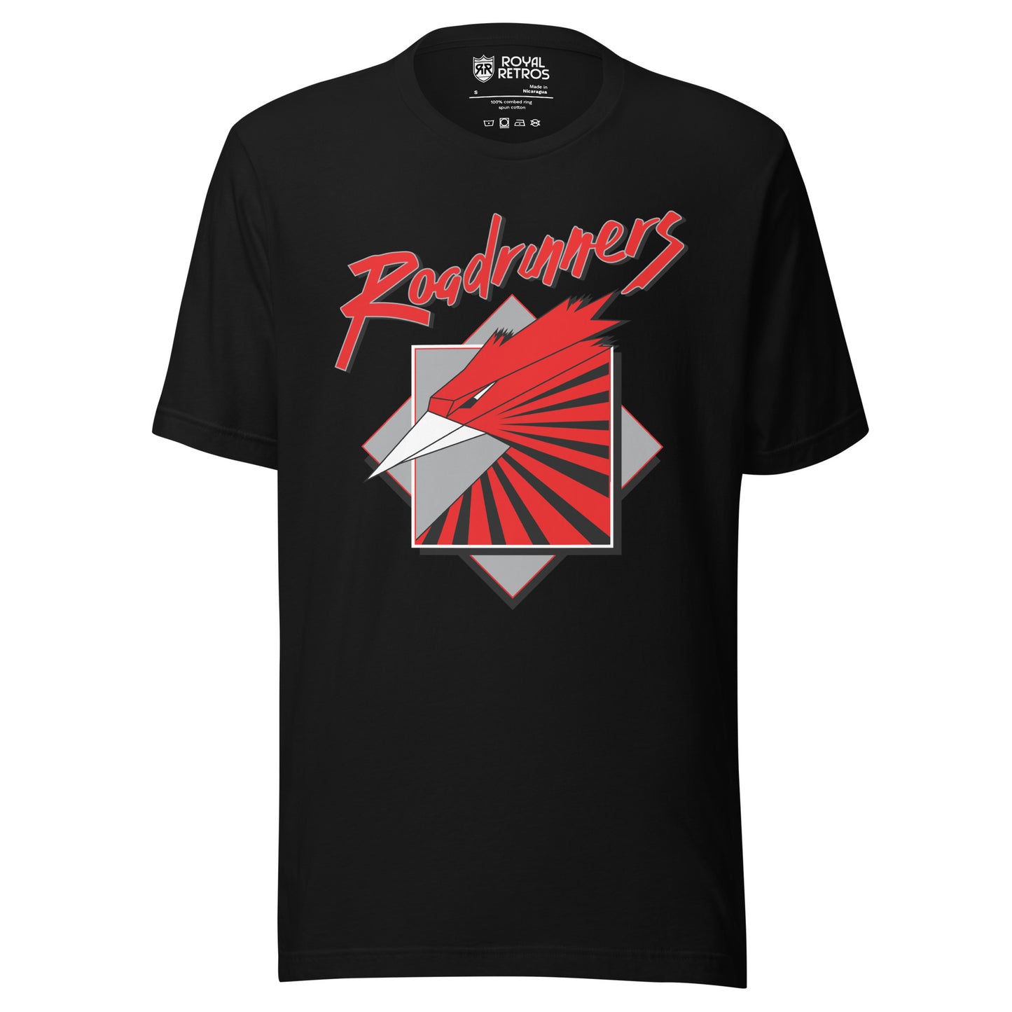 Montreal Roadrunners roller hockey T-shirt. Black. Stylized roadrunner head facing left. Silver beak, red and black feathers in gray square over gray diamond. Stylized Roadrunners across top in red at an angle. Royal Retros
