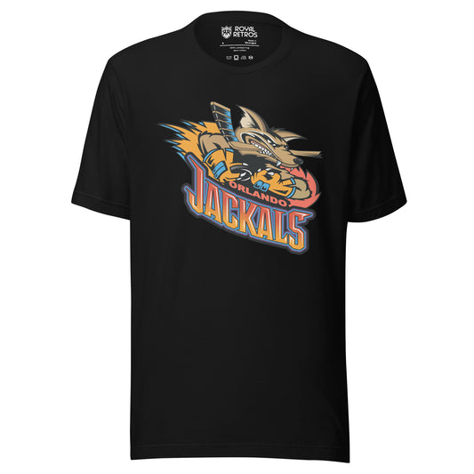 Orlando Jackals roller hockey T-shirt. Black. Jackal holding hockey stick, with flames to the left. Orlando in red small just under jackal, JACKALS in red on top orange on bottom below. Royal Retros