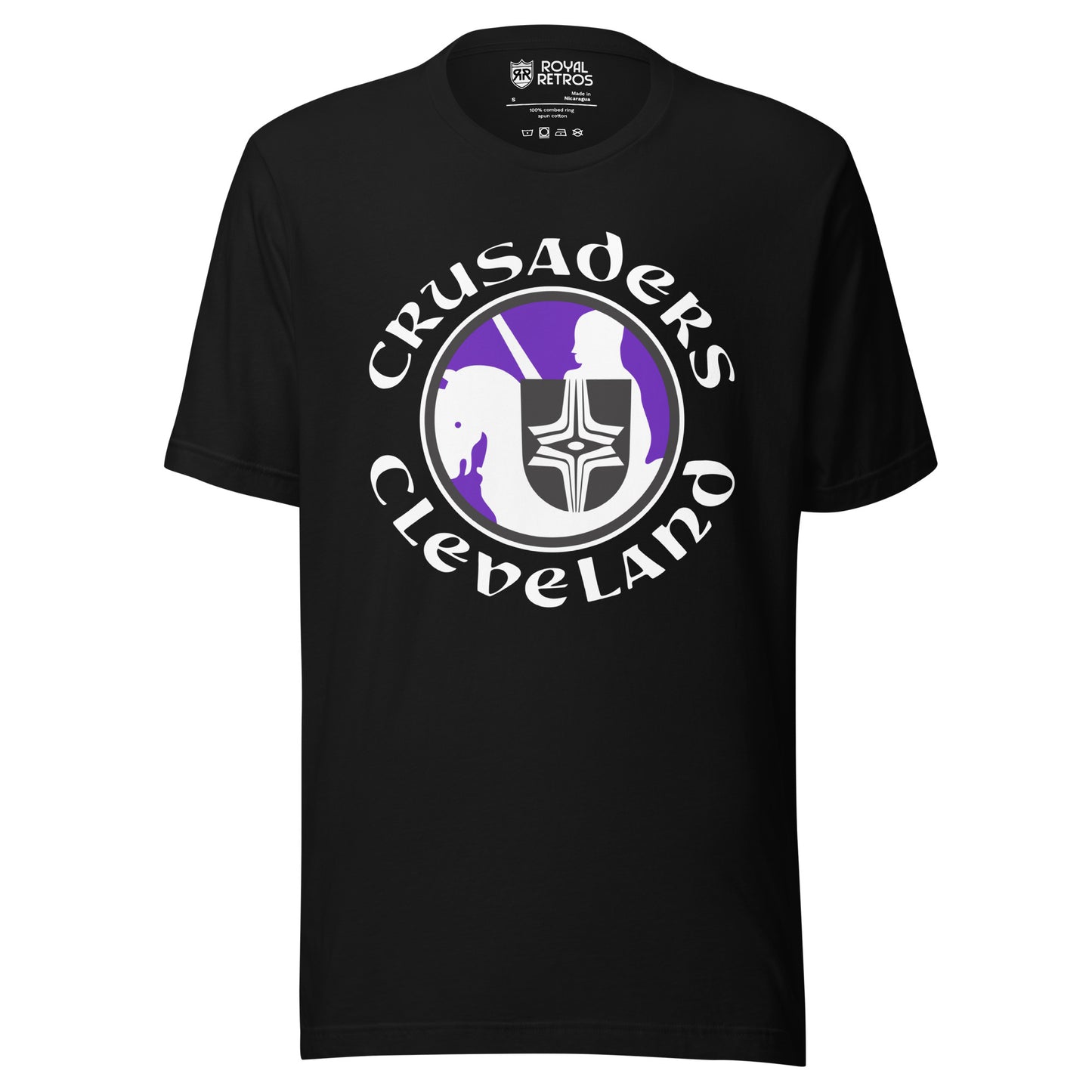 Cleveland Crusaders WHA T-shirt. Black. Logo on chest: White circle with purple background with stylized knight on horse with black shield with white cross design. Horse is facing left. Crusaders in white curved over top of circle, Cleveland in white arched below. Royal Retros