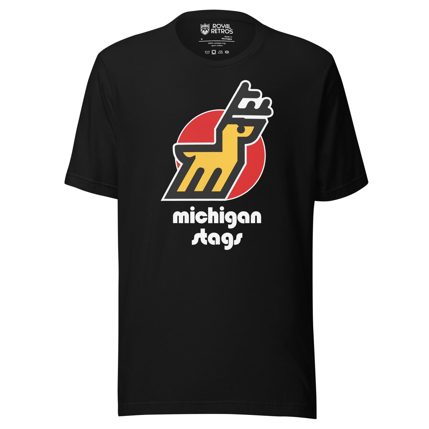 Michigan Stags WHA T-shirt. Black. Stylized stag over red circle. Legs form "M." Michigan above Stags below in black in Bauhaus 93 typeface. Royal Retros